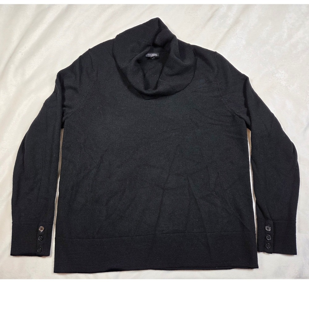 Talbots 100% Merino Wool Cowl Neck Black Quiet Luxury Sweater Large petite